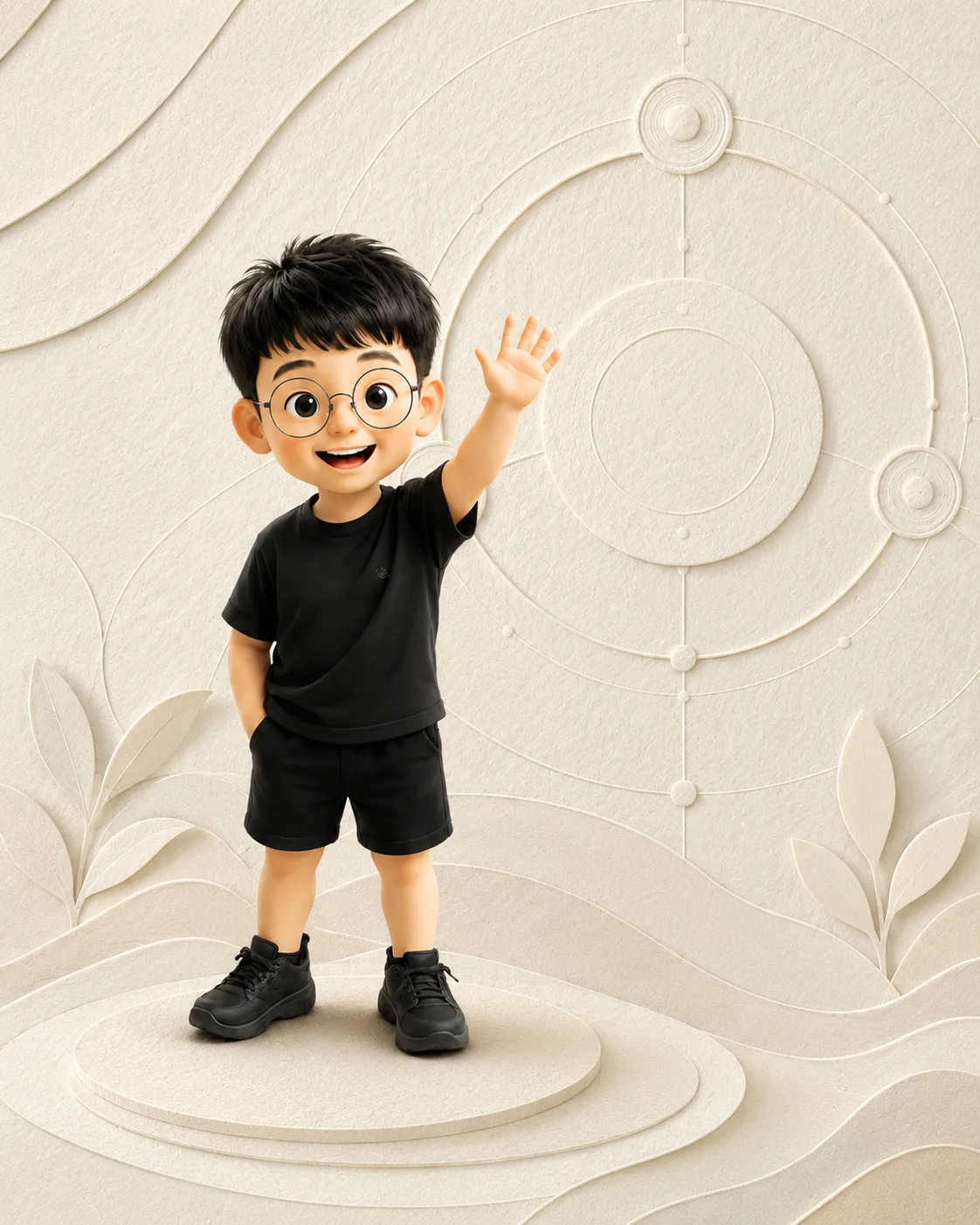 Illustrated portrait of the ANSYRISE founder waving, set against an embossed paper backdrop