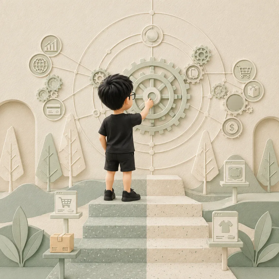 Illustrated scene of the founder seen from behind, setting a large gear system in motion