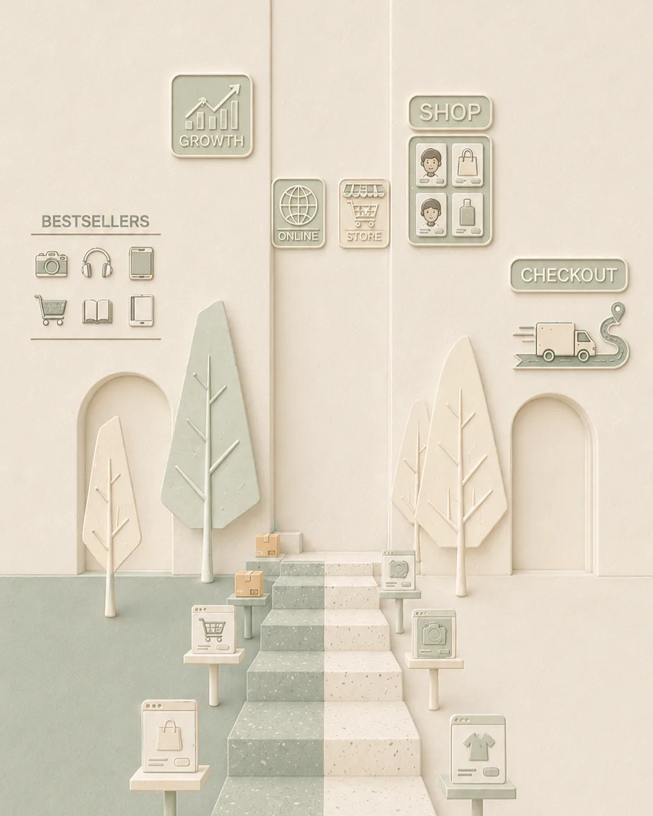 Illustrated scene of a terrazzo staircase rising between storefront, cart and growth icon signs